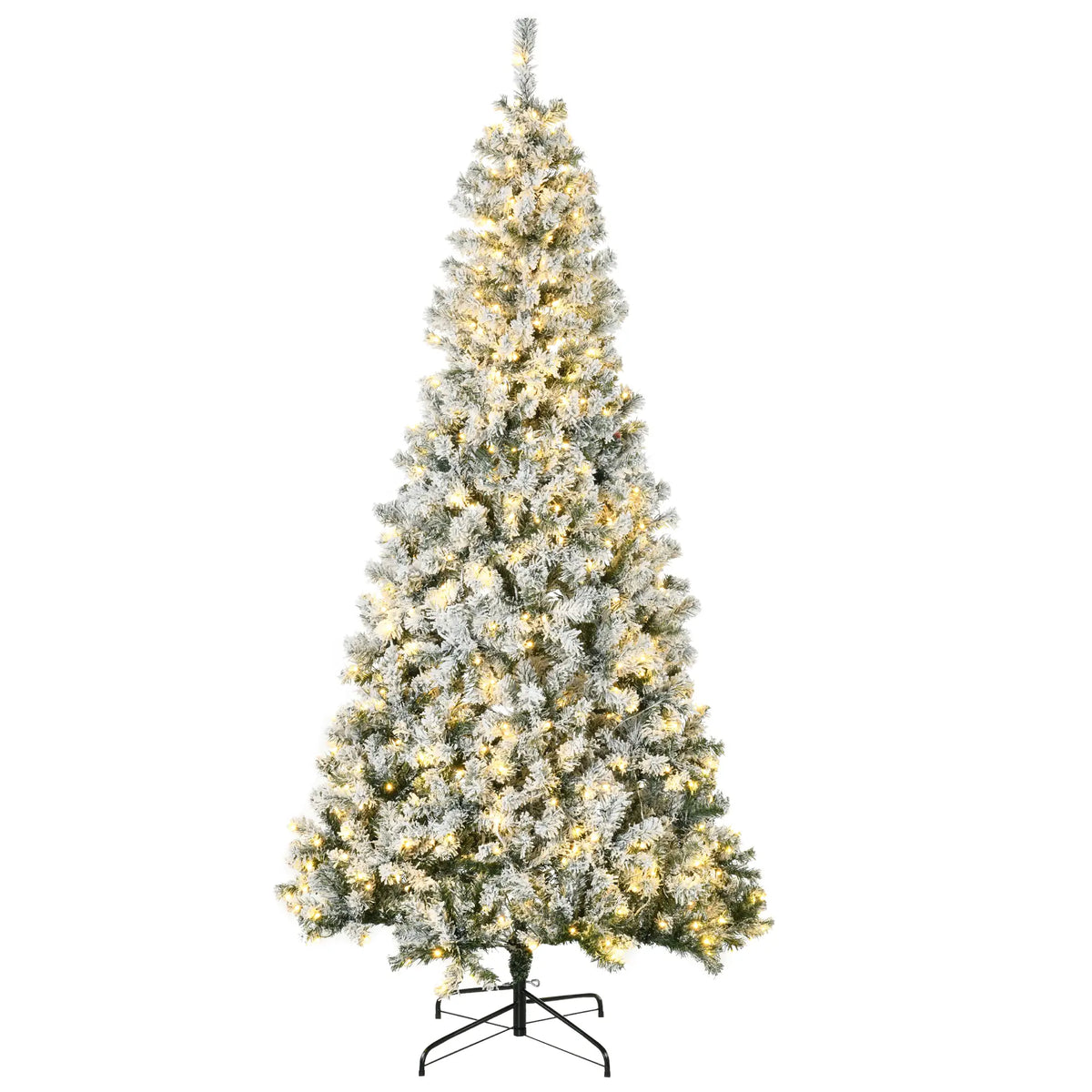 7.5ft Prelit Artificial Christmas Tree, Snow Flocked, Metal Base, Warm White LED Pre Lit Christmas Trees Green at Gallery Canada