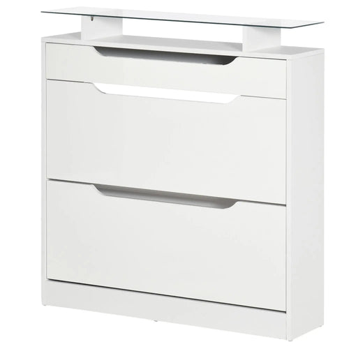High Gloss Shoe Cabinet, 2 Flip Drawers, Adjustable Shelves, Glass Top, White