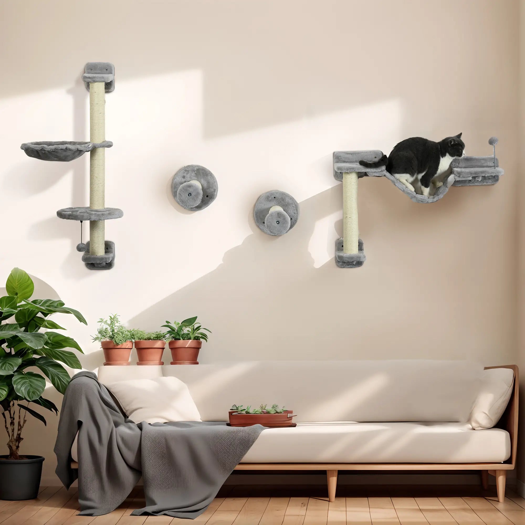 4PCs Cat Wall Shelves, Hammock, Scratching Post, Ladder, Grey Cat Climbing Wall at Gallery Canada