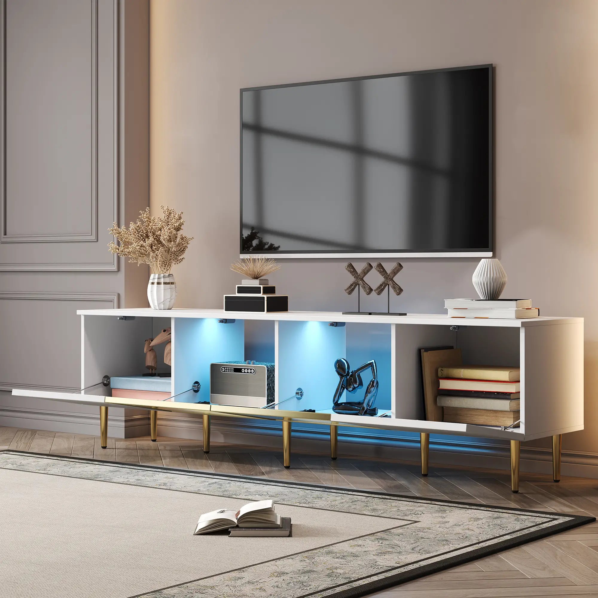 TV Stand, 4 Doors, Handles, Tempered Glass, LED Light, 67