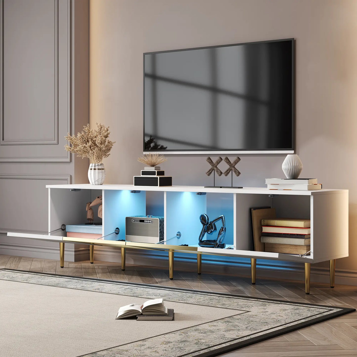 TV Stand, 4 Doors, Handles, Tempered Glass, LED Light, 67" L x 14.5" W x 18.5" H, White+Gold TV Stands at Gallery Canada