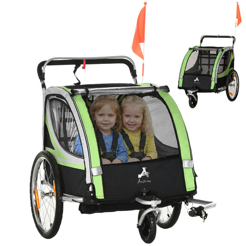 2 Seat Bike Trailer, Double Jogging Stroller, Handbrake, Rubber Wheels, Green