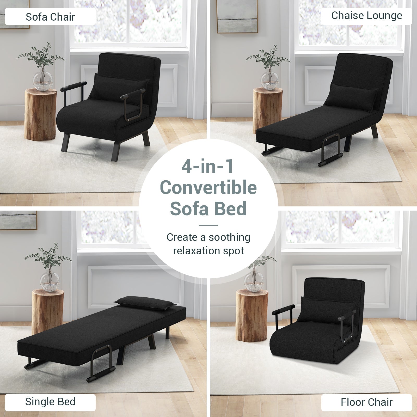 Folding 6 Position Sleeper Bed Armchair Lounge Couch, Black Accent Chairs at Gallery Canada
