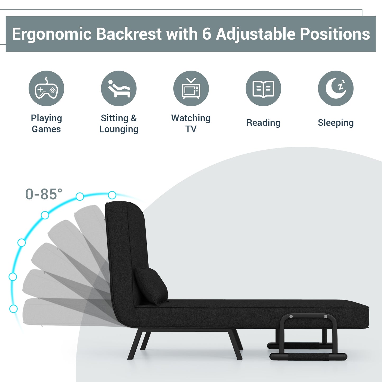 Folding 6 Position Sleeper Bed Armchair Lounge Couch, Black Accent Chairs at Gallery Canada