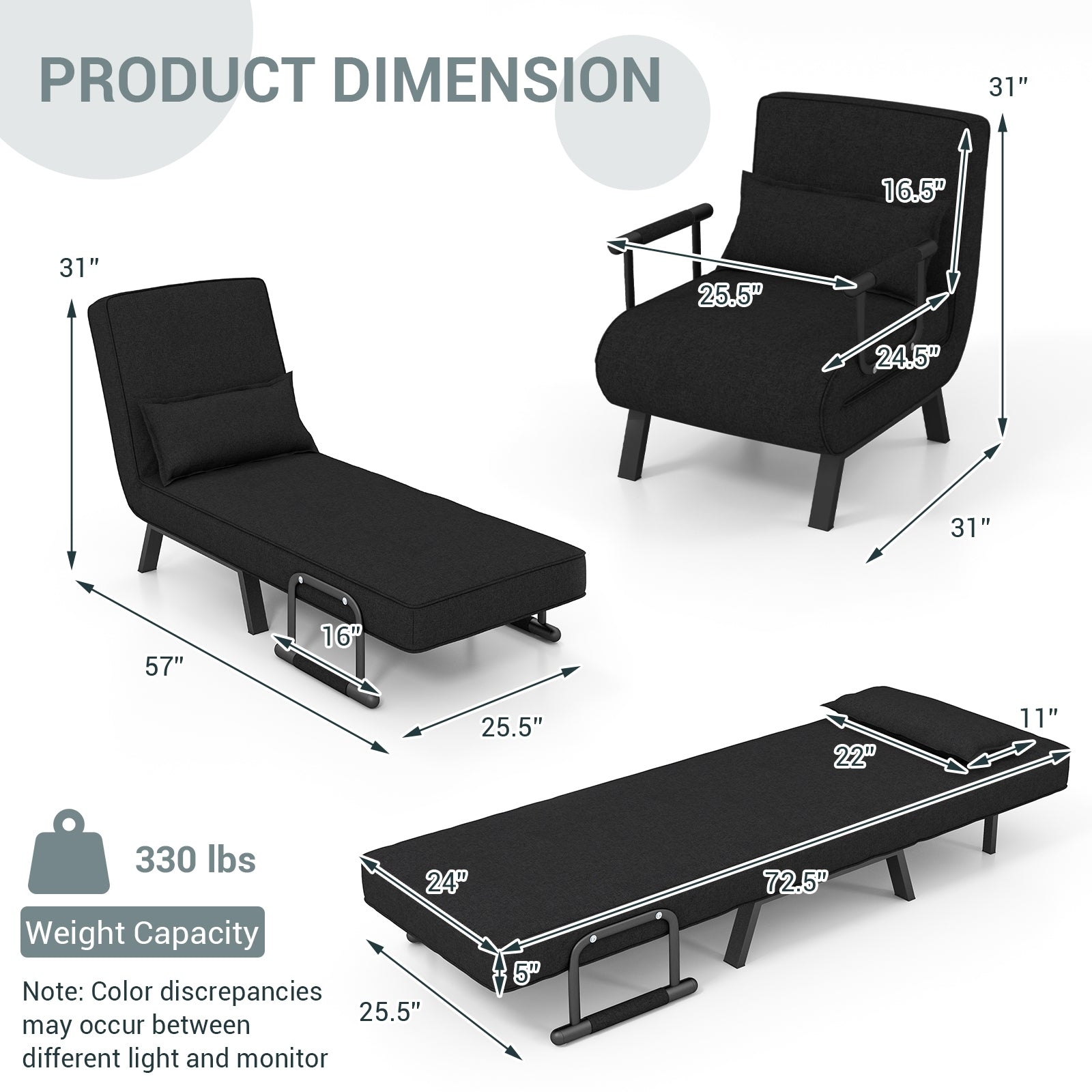 Folding 6 Position Sleeper Bed Armchair Lounge Couch, Black Accent Chairs at Gallery Canada