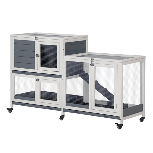 Wooden Rabbit Hutch, Bunny Cage, Small Animal Habitat, Slide-out Tray, Lockable Door, Openable Top, 58" x 18" x 35", Grey Rabbit Hutch White and Grey at Gallery Canada