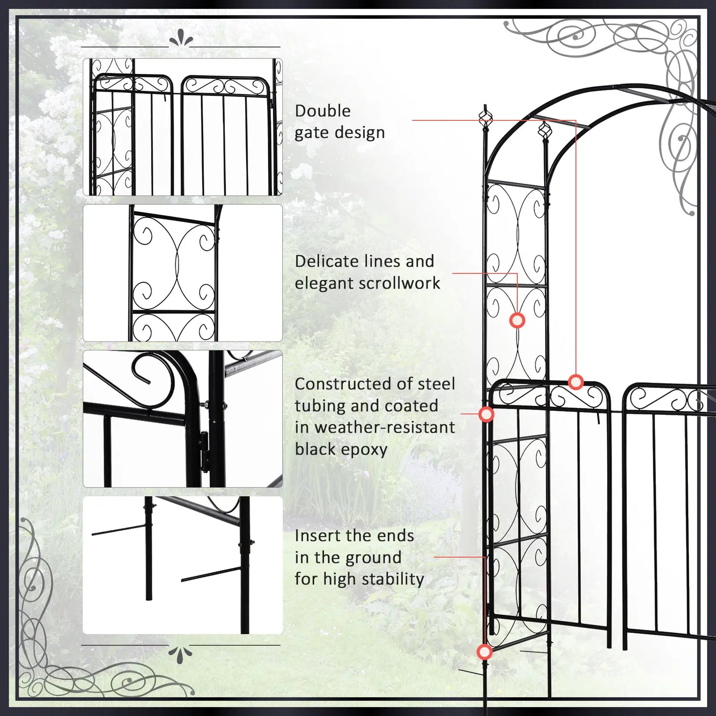 7' Metal Garden Arbor Arch, Scrollwork Doors, for Ceremony, Weddings Garden Arches at Gallery Canada