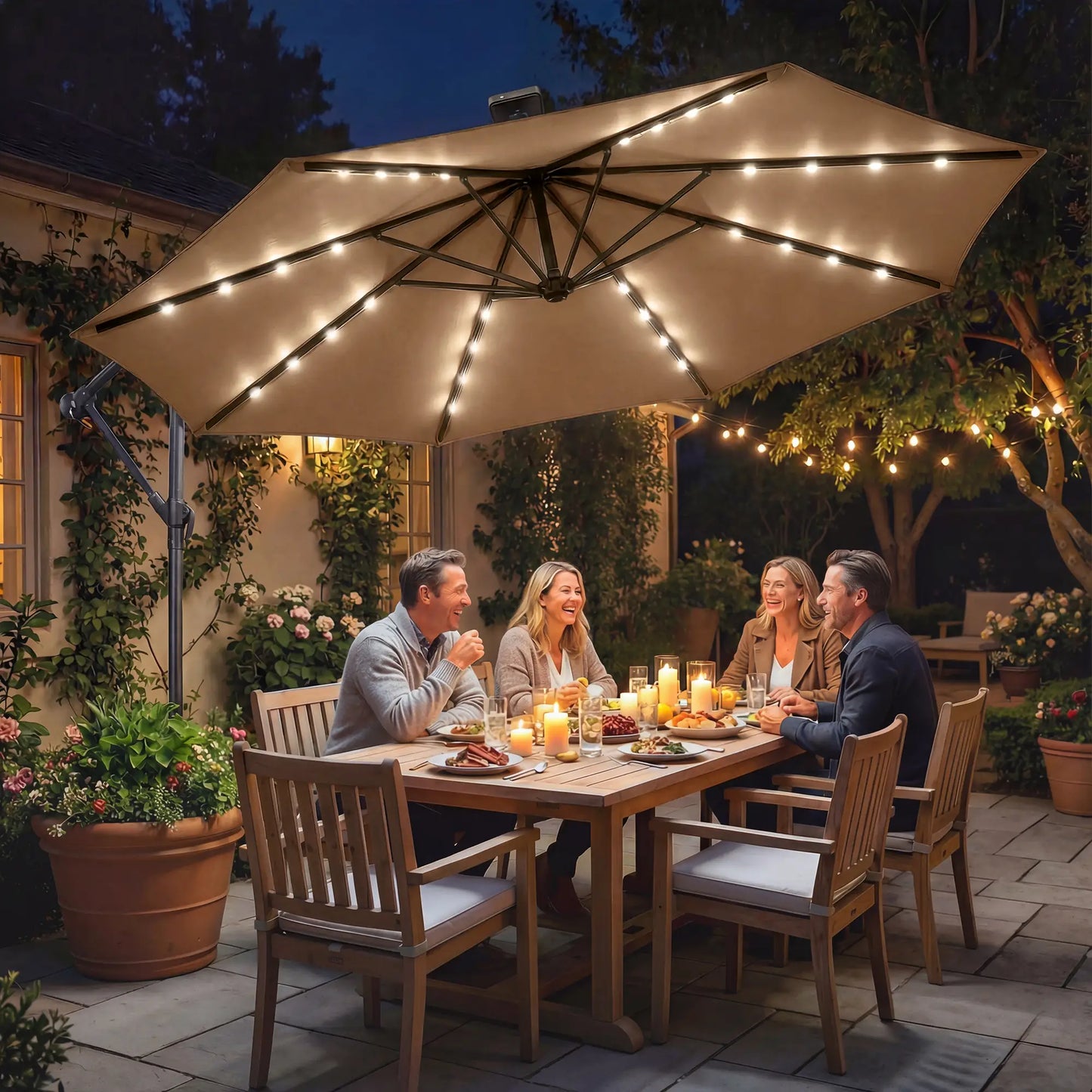 9.7 ft Cantilever Patio Umbrella, Solar Light, Tilt, Crank, Khaki Offset Cantilever Umbrellas at Gallery Canada
