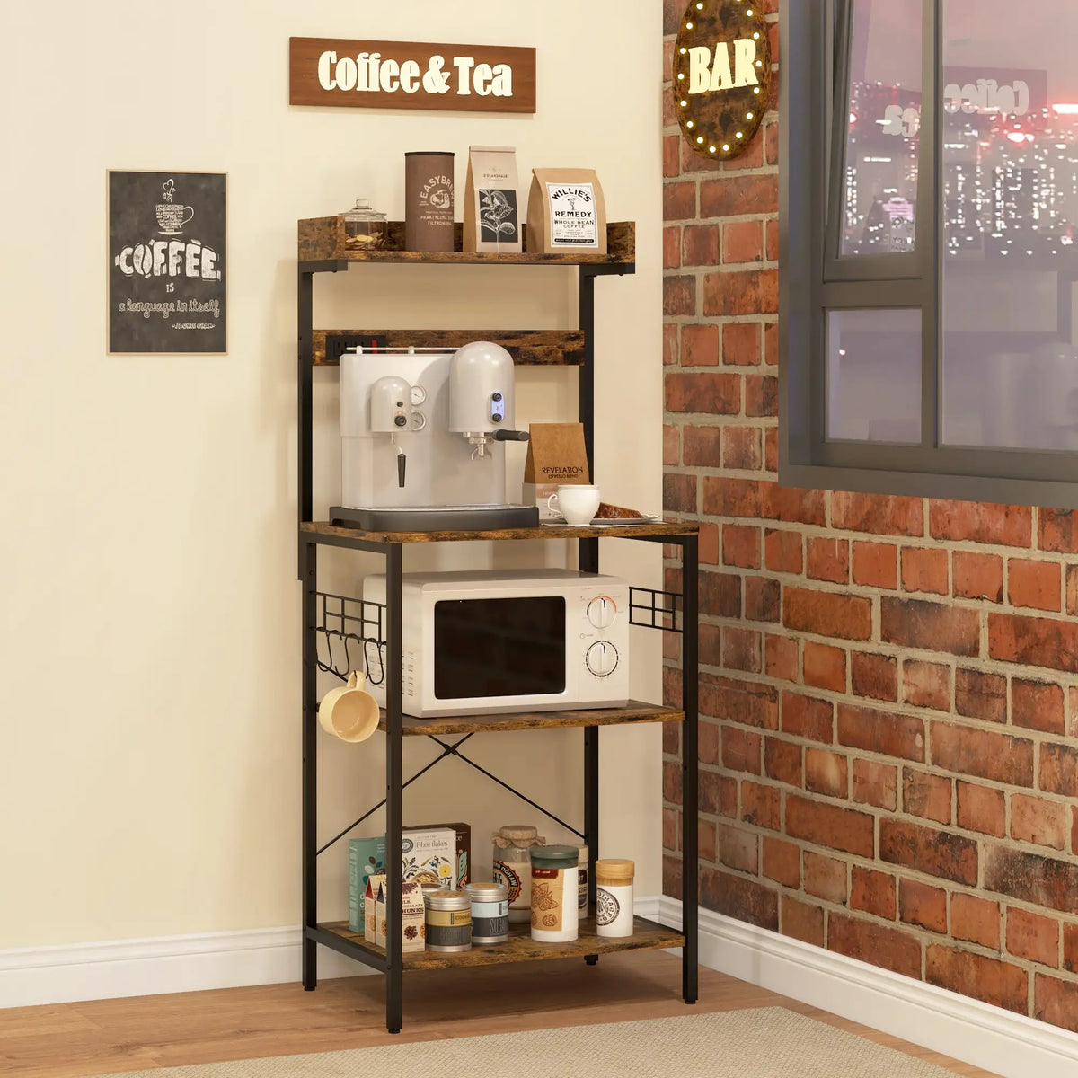 Kitchen Baker's Rack with Power Outlet, Adjustable Shelves, Rustic Brown, Brown Bar Cabinets at Gallery Canada