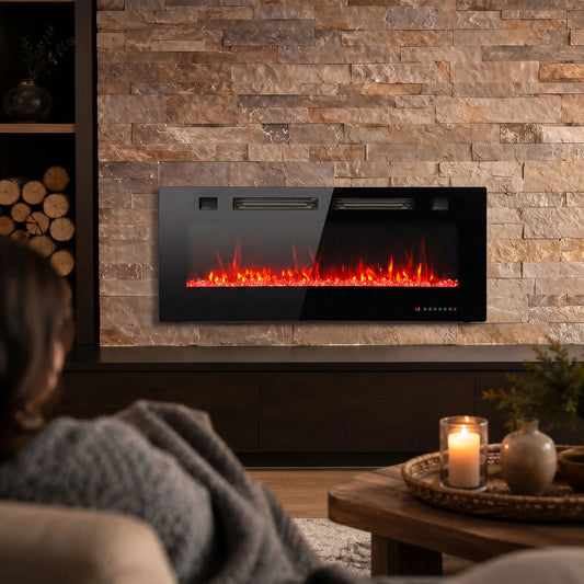 42" Electric Fireplace, Ultra-Thin Recessed, Wall Mounted, Black, Black Electric Fireplaces Black at Gallery Canada