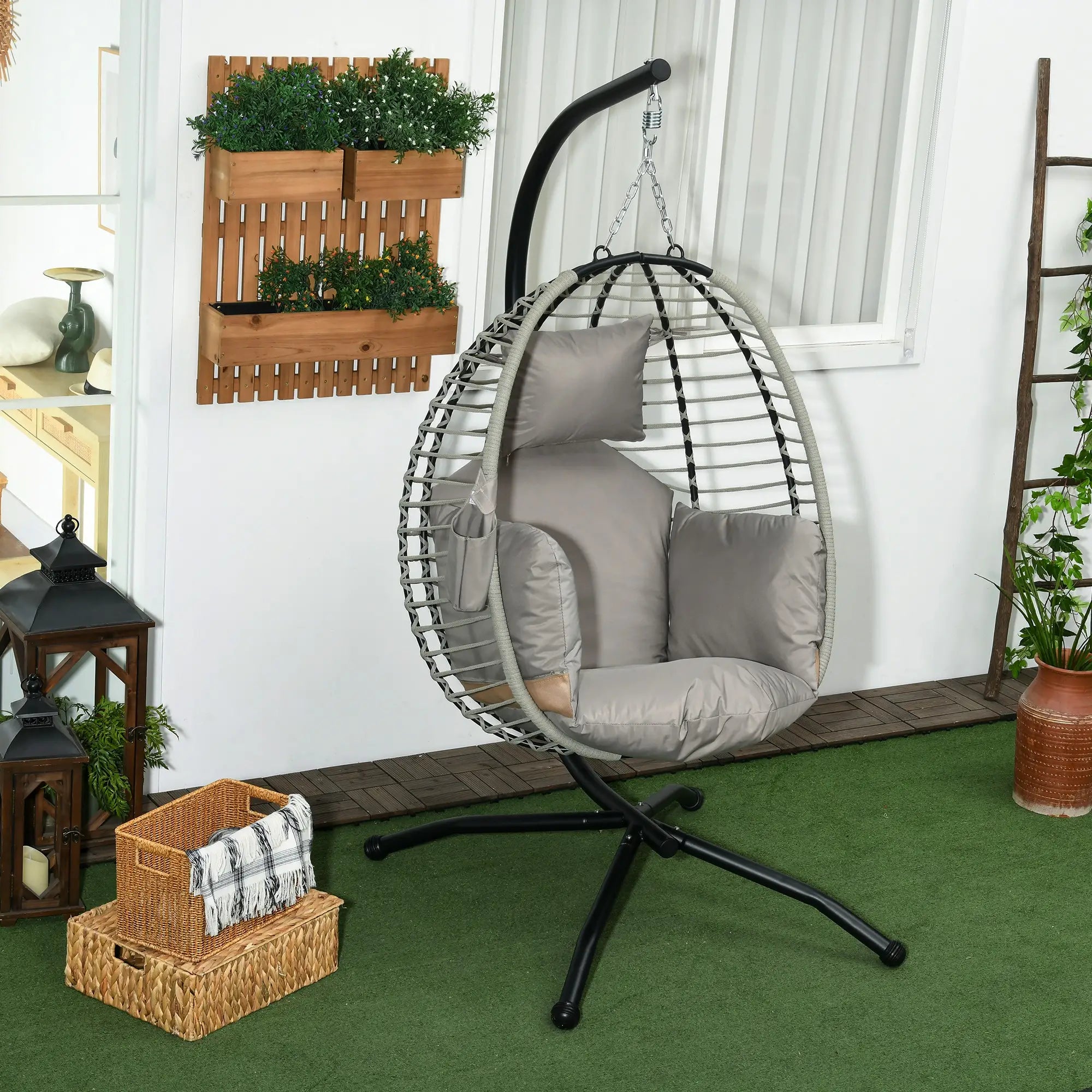 Outdoor Hanging Egg Chair, Thick Padded Cushion, Patio Swing Chair, Grey Patio Swings with Stand at Gallery Canada