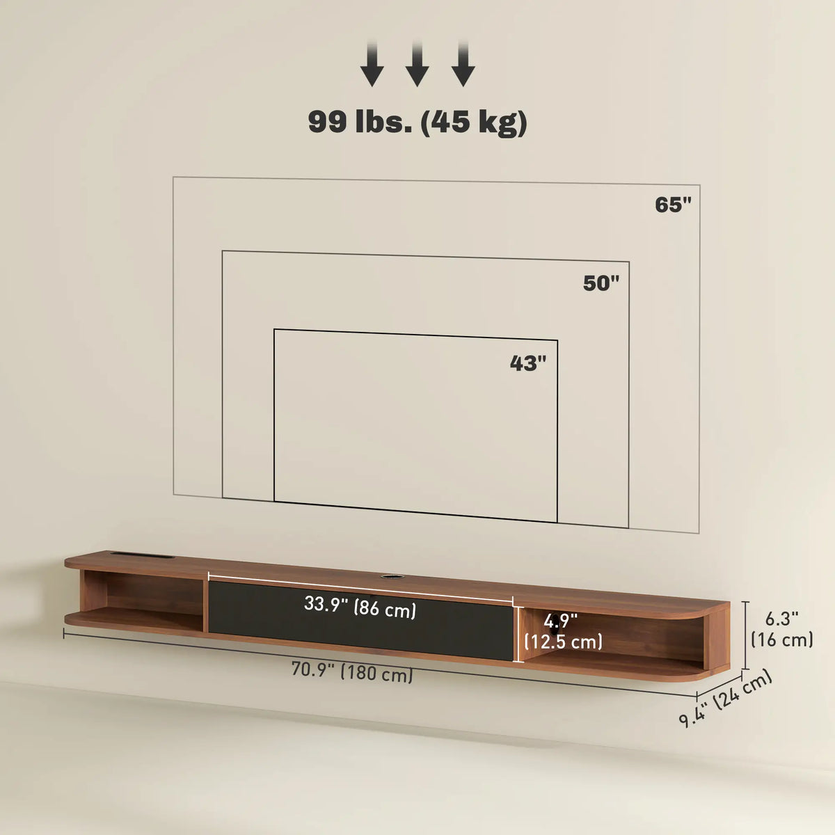71" Floating TV Stand, Wall Mounted Media Console, Flip Drawer, 2 Open Shelves, Walnut TV Stands at Gallery Canada