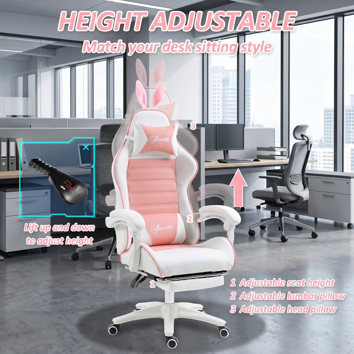 Racing Gamer Chair, PU Leather with Footrest, Headrest, Lumbar Support, Pink Video Game Chairs at Gallery Canada