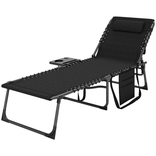 Folding Lounge Chair, Adjustable Back, Side Table, Headrest, Black