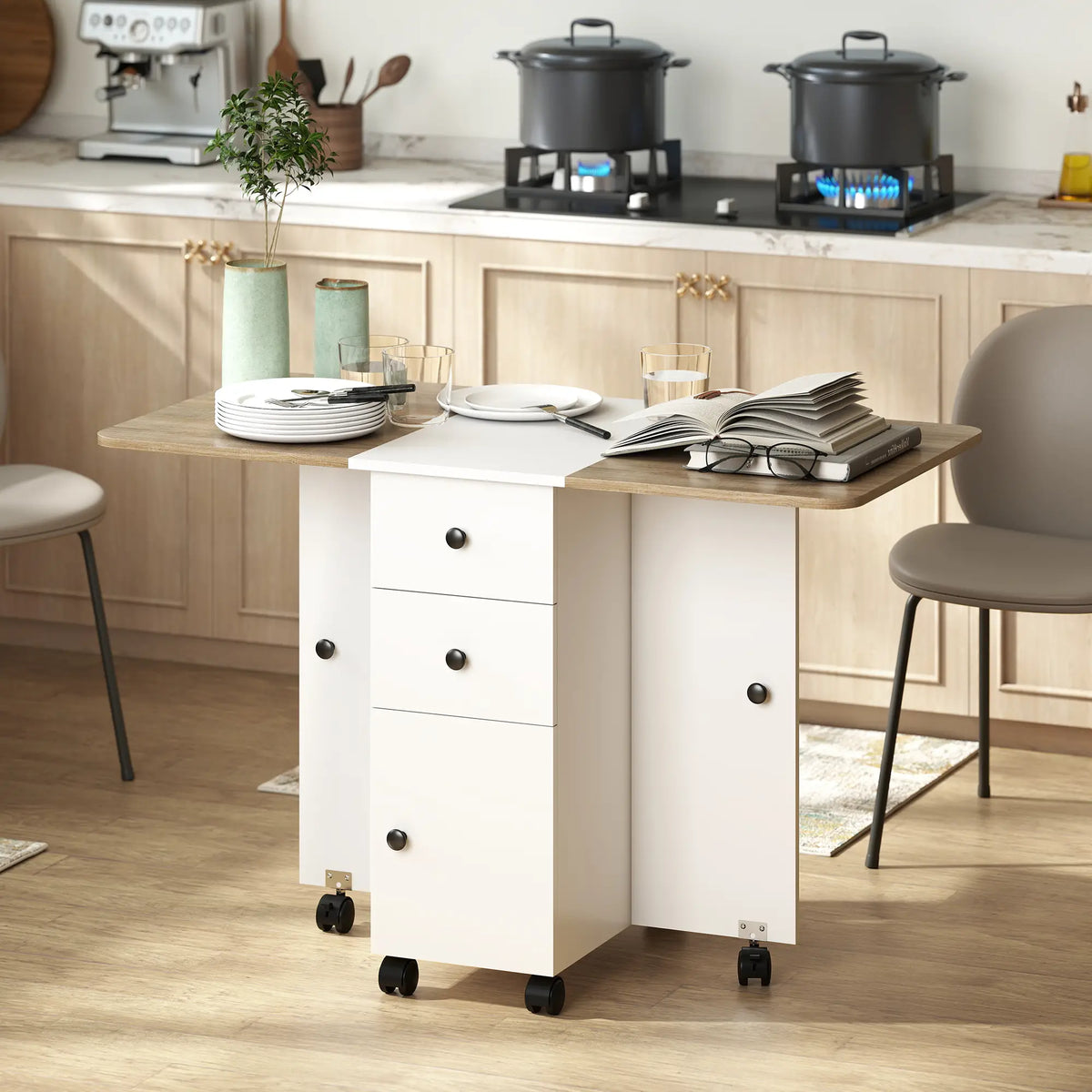 Mobile Drop Leaf Dining Table On Wheels, White And Oak, White Dining Tables at Gallery Canada
