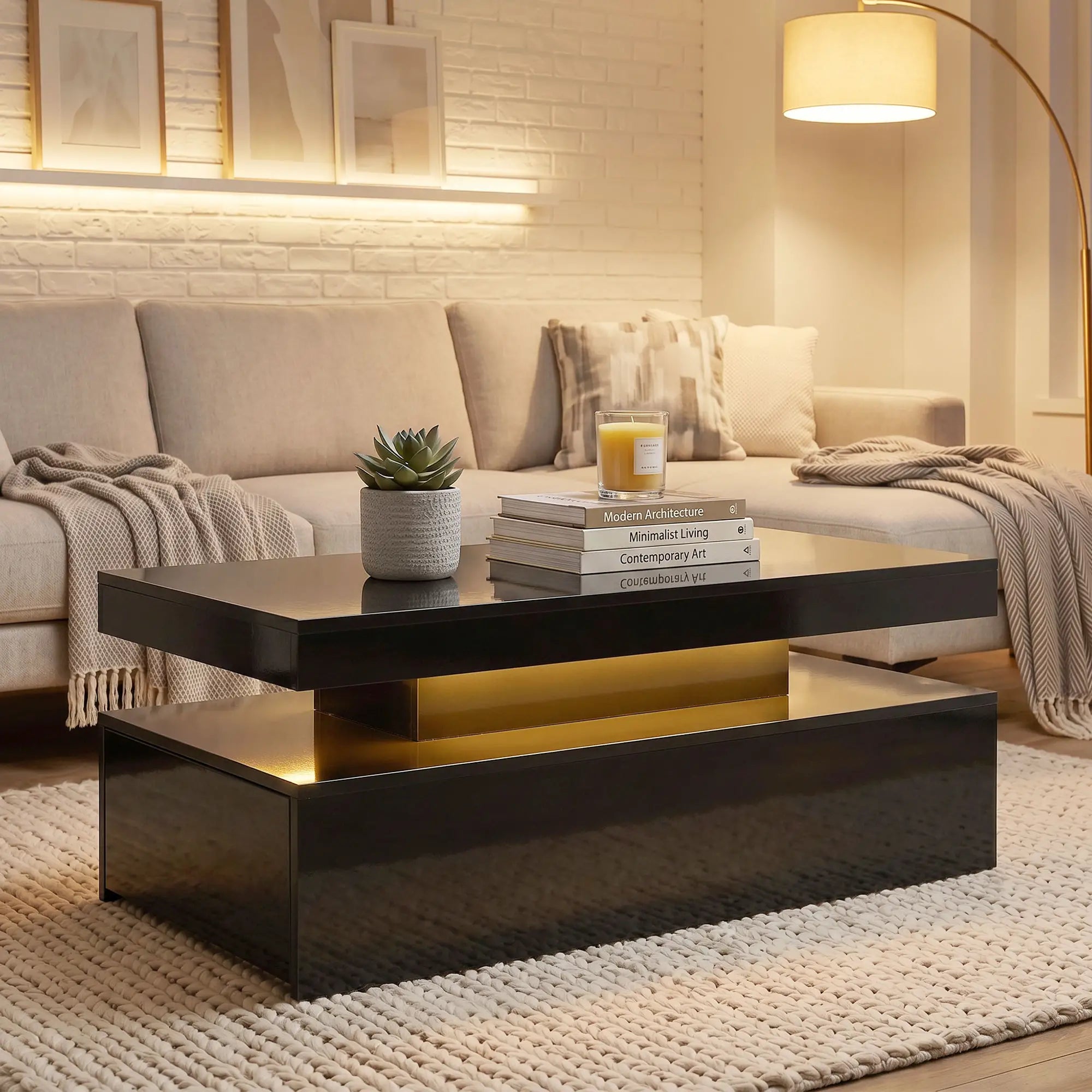 2-Tier LED Coffee Table With Storage, Black Coffee Tables at Gallery Canada