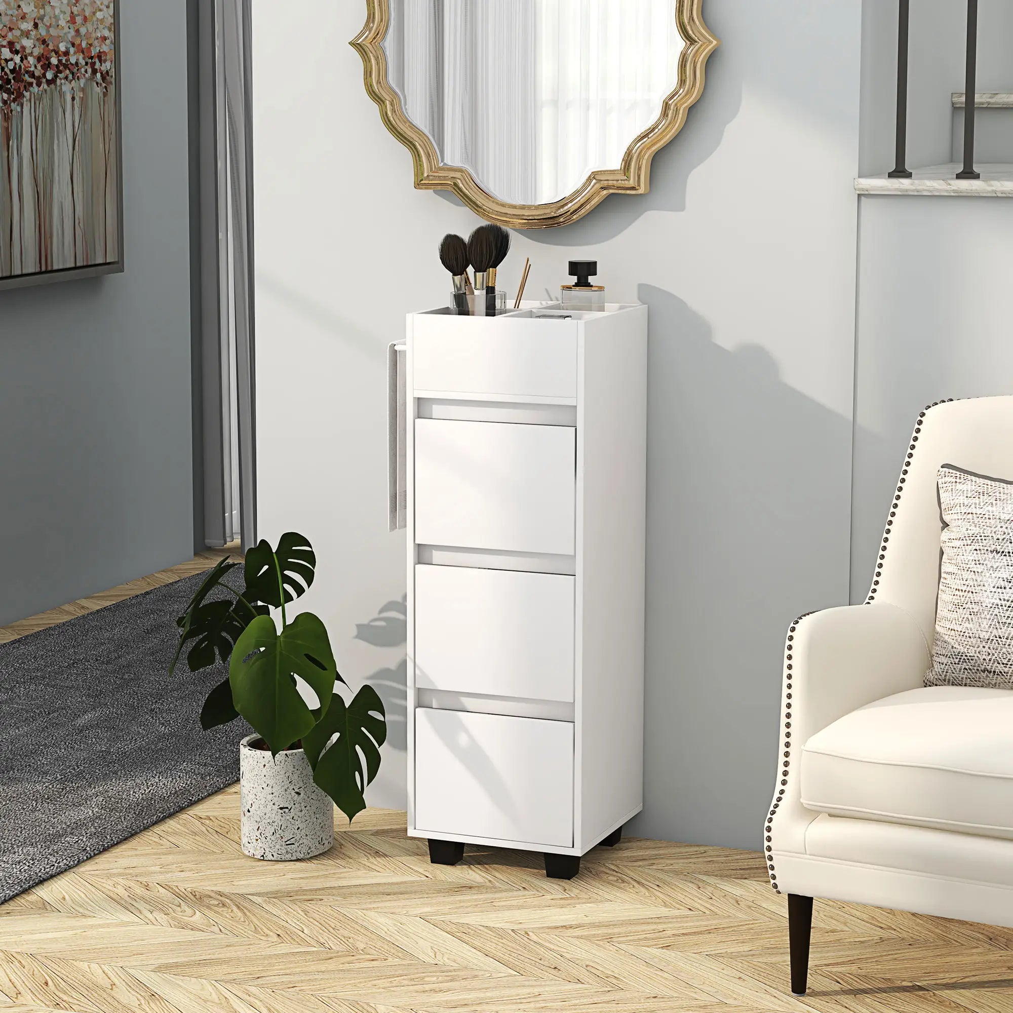 Slim Bathroom Cabinet, 4 Compartments, 3 Drawers, Towel Rack, White Freestanding Bathroom Cabinets at Gallery Canada