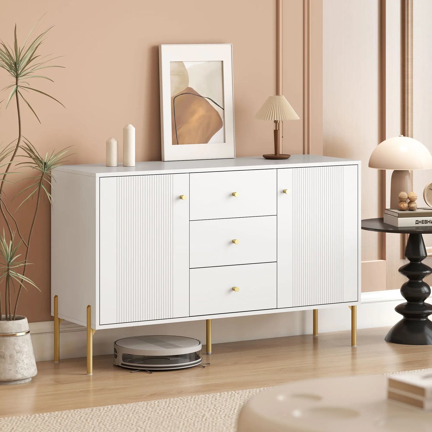 Buffet Cabinet, Modern Sideboard with 3 Drawers and 2 Shelves, White Storage Cabinets at Gallery Canada