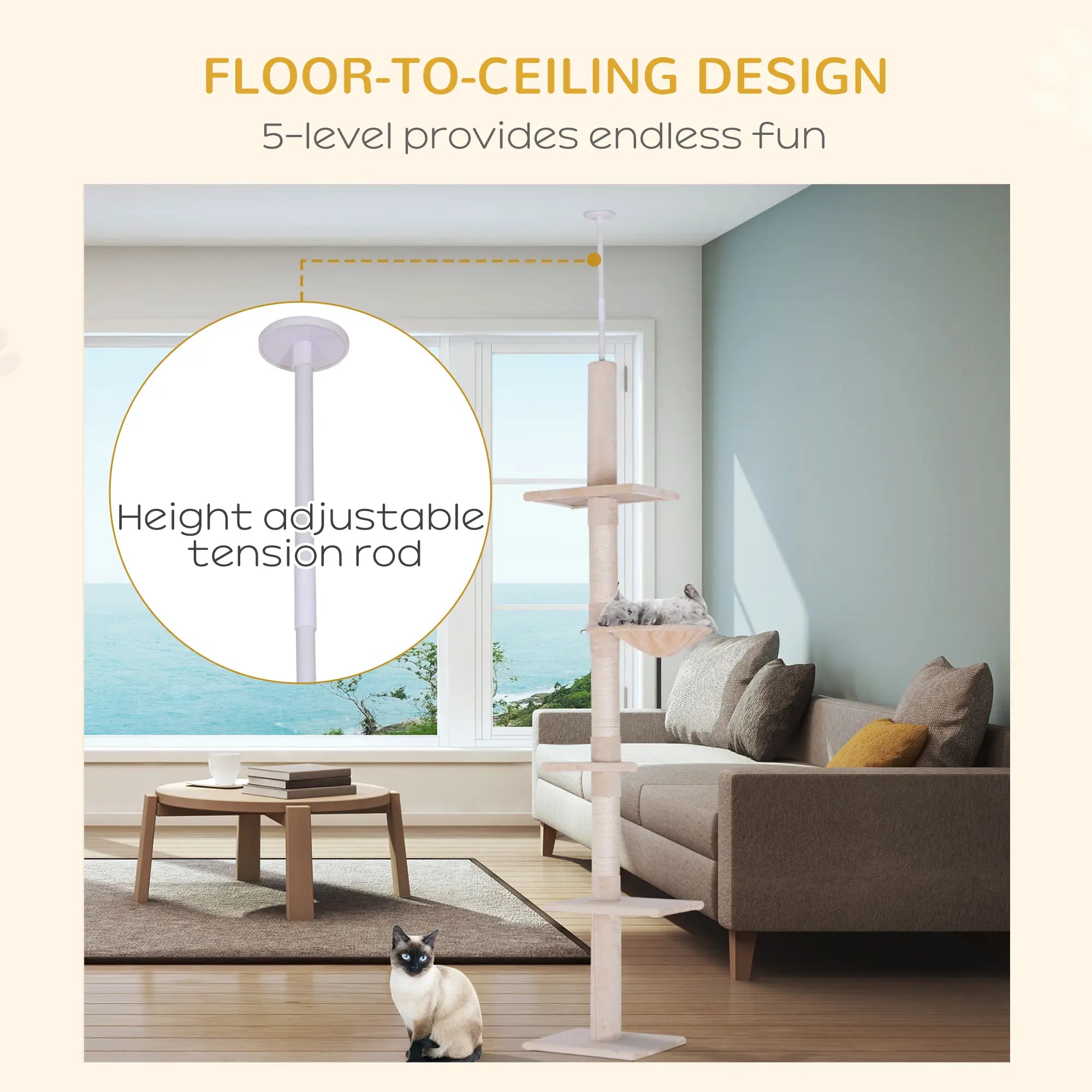 8.5ft Cat Climbing Tree, 5-Tier Kitty Activity Center, Scratching Post, Beige Floor to Ceiling Cat Trees at Gallery Canada