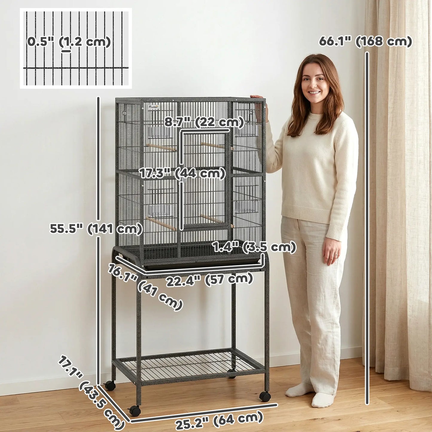 56"H Bird Cage, Parrot Cage w/ Detachable Rolling Stand, Removable Tray, Storage Shelf, Perches, Food Container Bird Cages at Gallery Canada