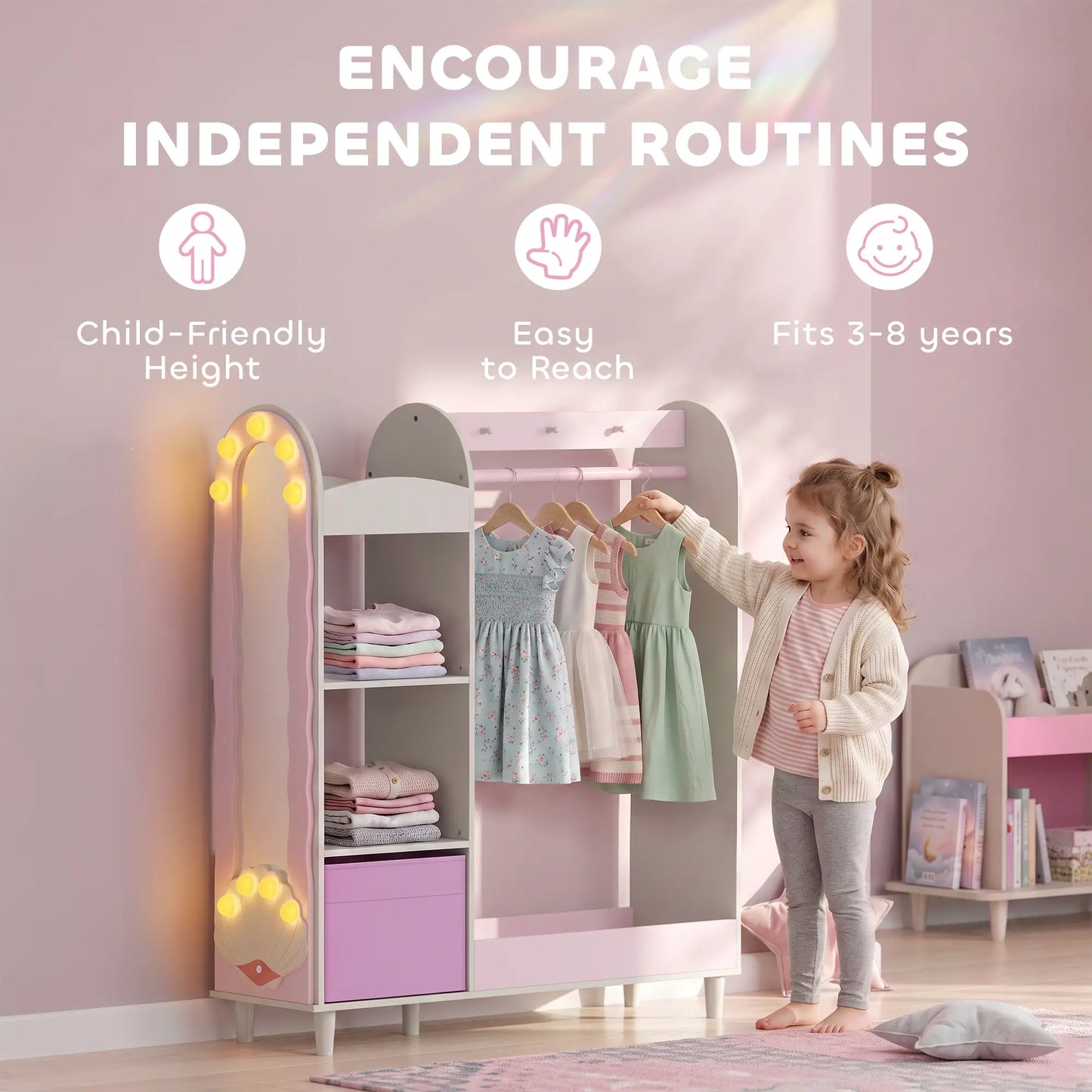 Kids Clothing Rack with Mirror, Drawer & Shelves, Pink Kids Bedroom Furniture at Gallery Canada