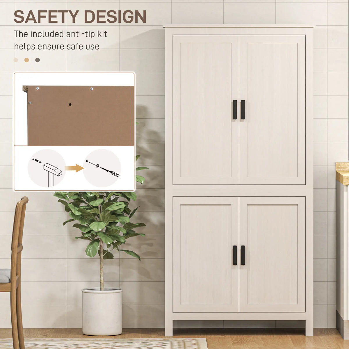 64" Kitchen Pantry Cabinet, 4 Doors, 3 Adjustable Shelves, Antique White, White Kitchen Pantry Cabinets at Gallery Canada