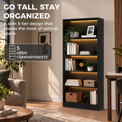 5-Tier Bookshelf With LED Lights, Cable Holes, Black Wood Grain Display Bookshelves at Gallery Canada