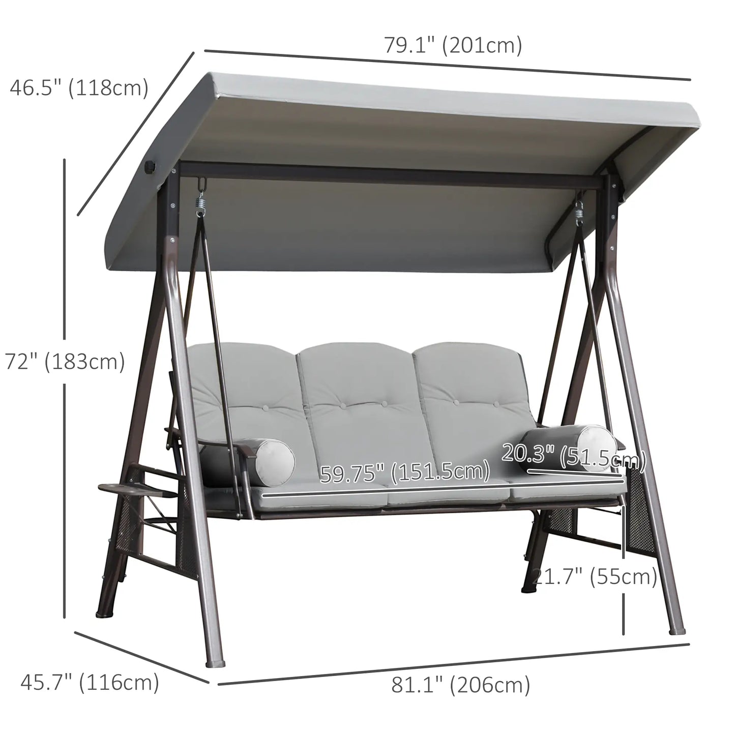 3-Person Steel Canopy Swing, Cushioned Seat, Light Grey Patio Swings with Stand at Gallery Canada