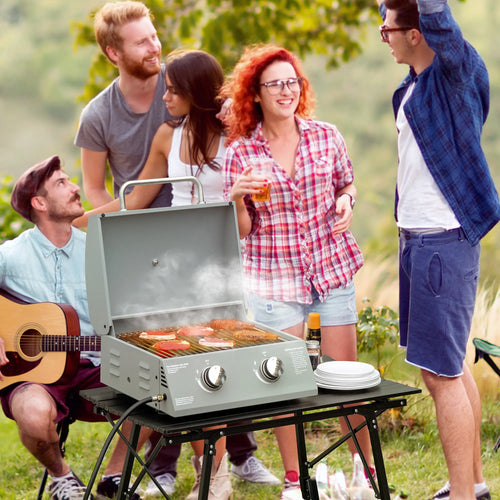Portable Tabletop Propane Gas Grill, 2 Burner, Foldable Legs, Silver