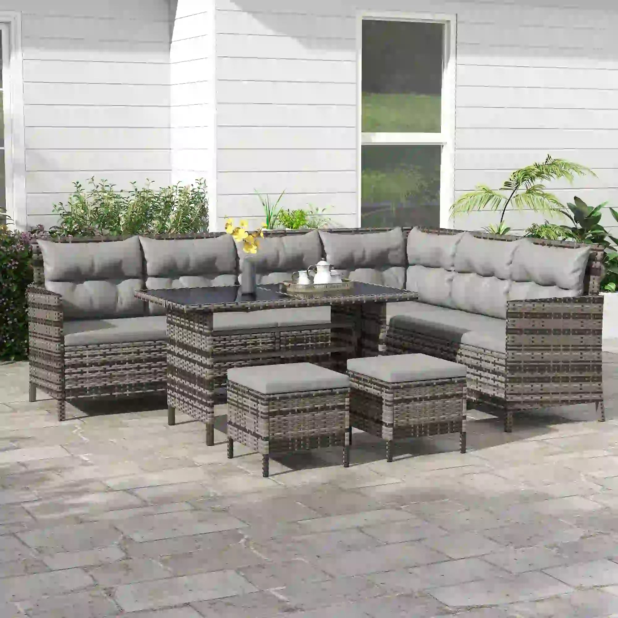 6Pc Rattan Outdoor Sofa Set w/ Dining Table, Grey Patio Furniture Sets at Gallery Canada