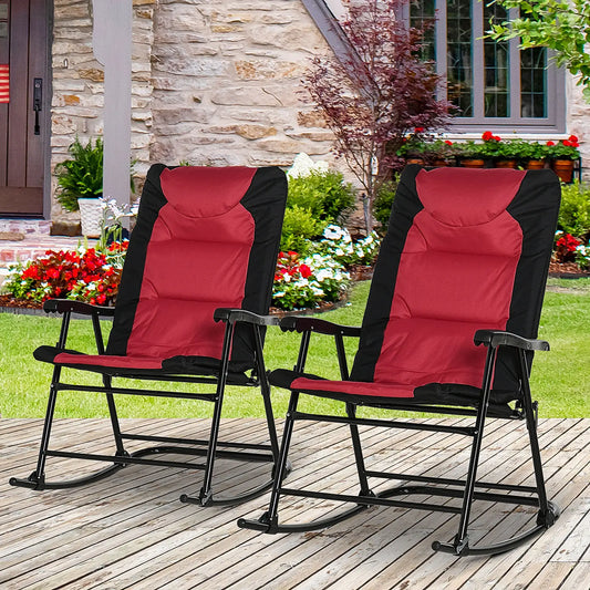 Folding Rocking Chair Set of 2, Padded, Armrest, Black, Red Outdoor Rocking Chairs Red, Black at Gallery Canada