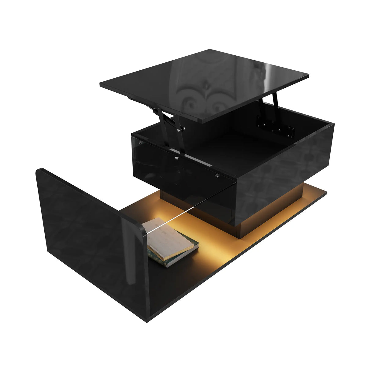 Coffee Table, Tempered Glass Top, LED Light, Adjustable Height, 39.5" L x 19.5" W x 13" H, Black Coffee Tables at Gallery Canada