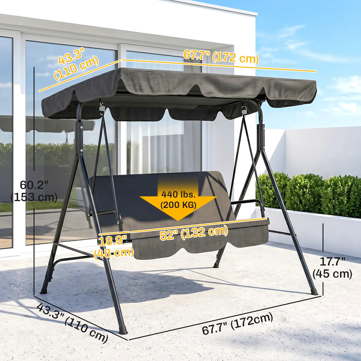 3-Seater Outdoor Porch Swing With Canopy, Black Patio Swings with Stand at Gallery Canada