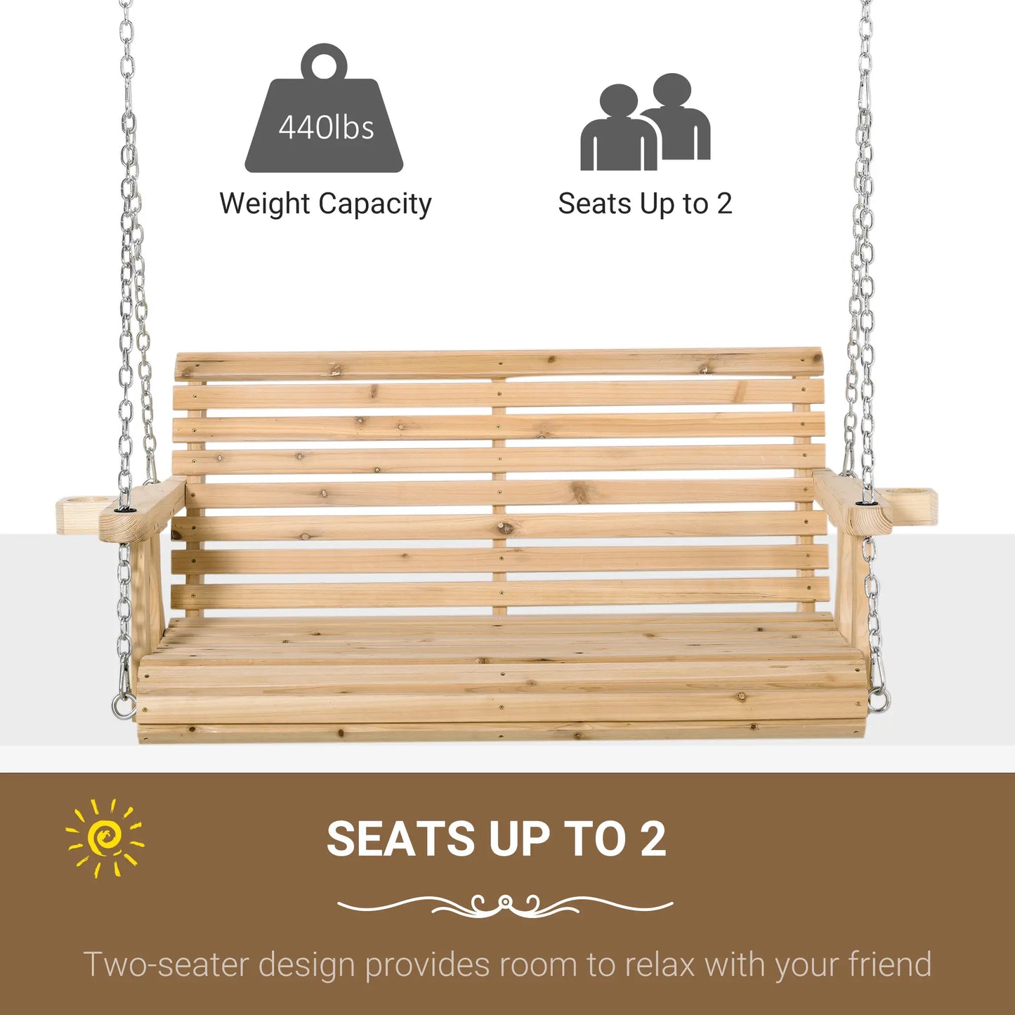 2 Seater Wooden Porch Swing, Patio Chair with Cup Holder, Chains, Natural Hanging Porch Swings at Gallery Canada