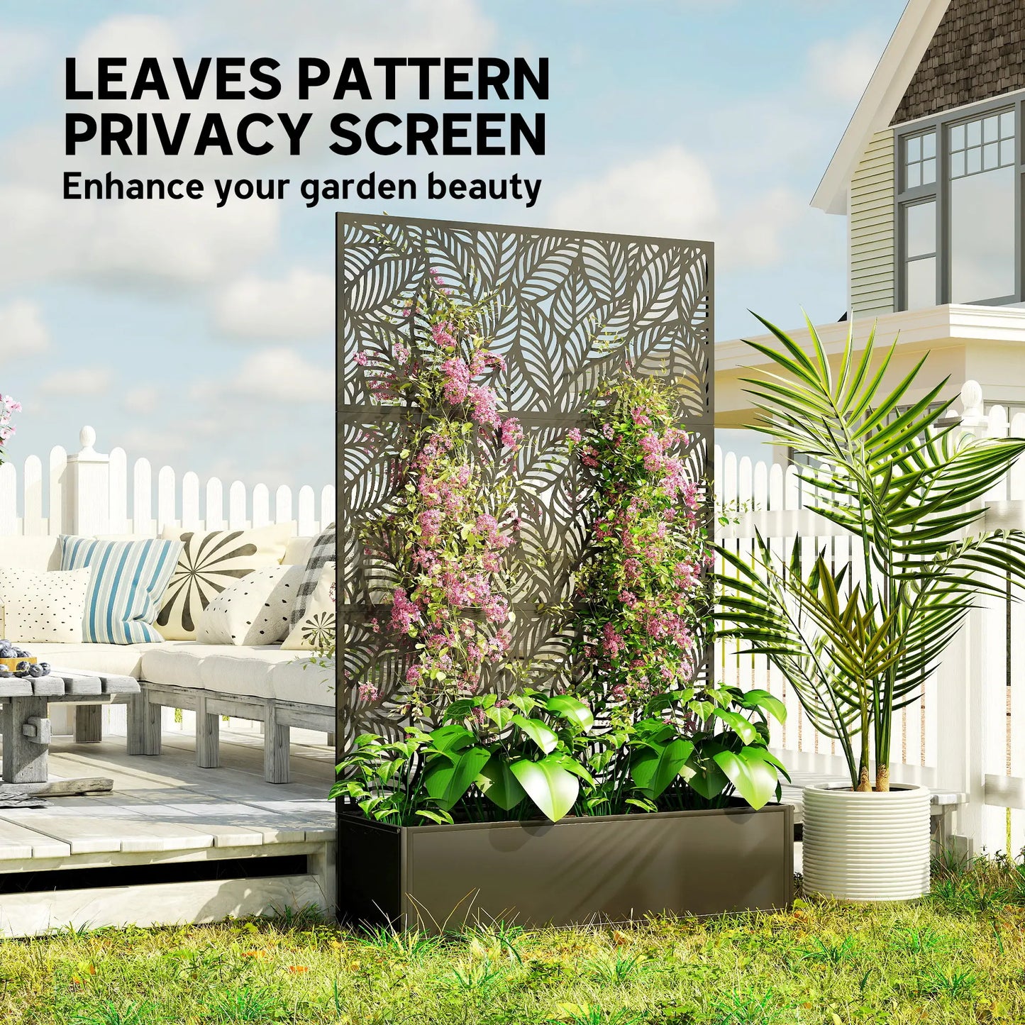 70" Metal Planter Box With Trellis, Raised Garden Bed, Leaves Cut-Out Galvanized Planter Boxes at Gallery Canada