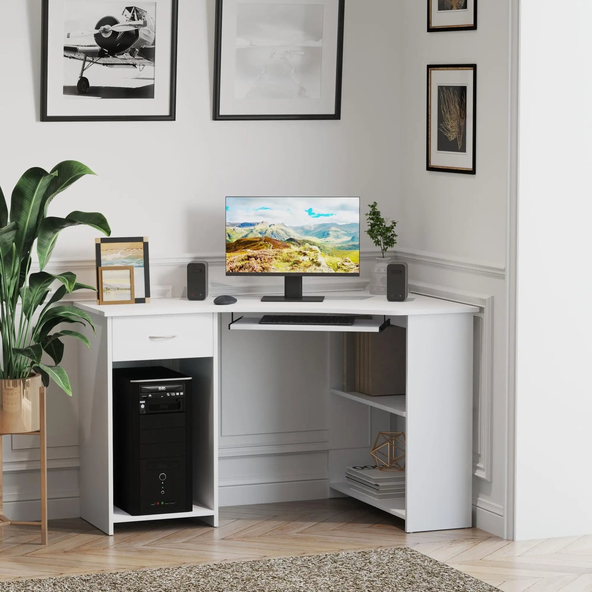 L-Shaped Desk With Keyboard Tray, Shelves, Drawer, CPU Stand, White Computer Desks at Gallery Canada