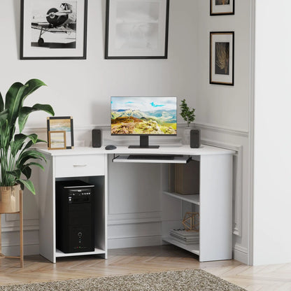 L-Shaped Desk With Keyboard Tray, Shelves, Drawer, CPU Stand, White Computer Desks at Gallery Canada