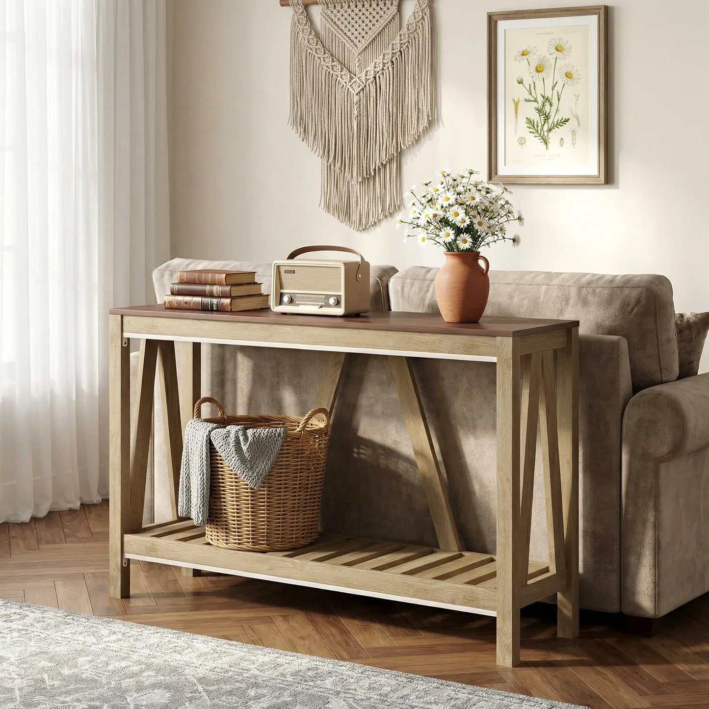 Farmhouse Console Table with Storage Shelf, Rustic Sofa Table, Oak Console Tables at Gallery Canada