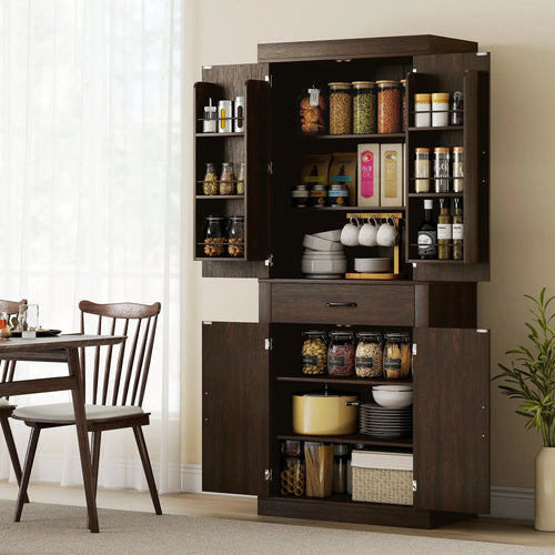 72 Inch Kitchen Pantry Cabinet, Farmhouse Storage, 4 Barn Doors, Brown