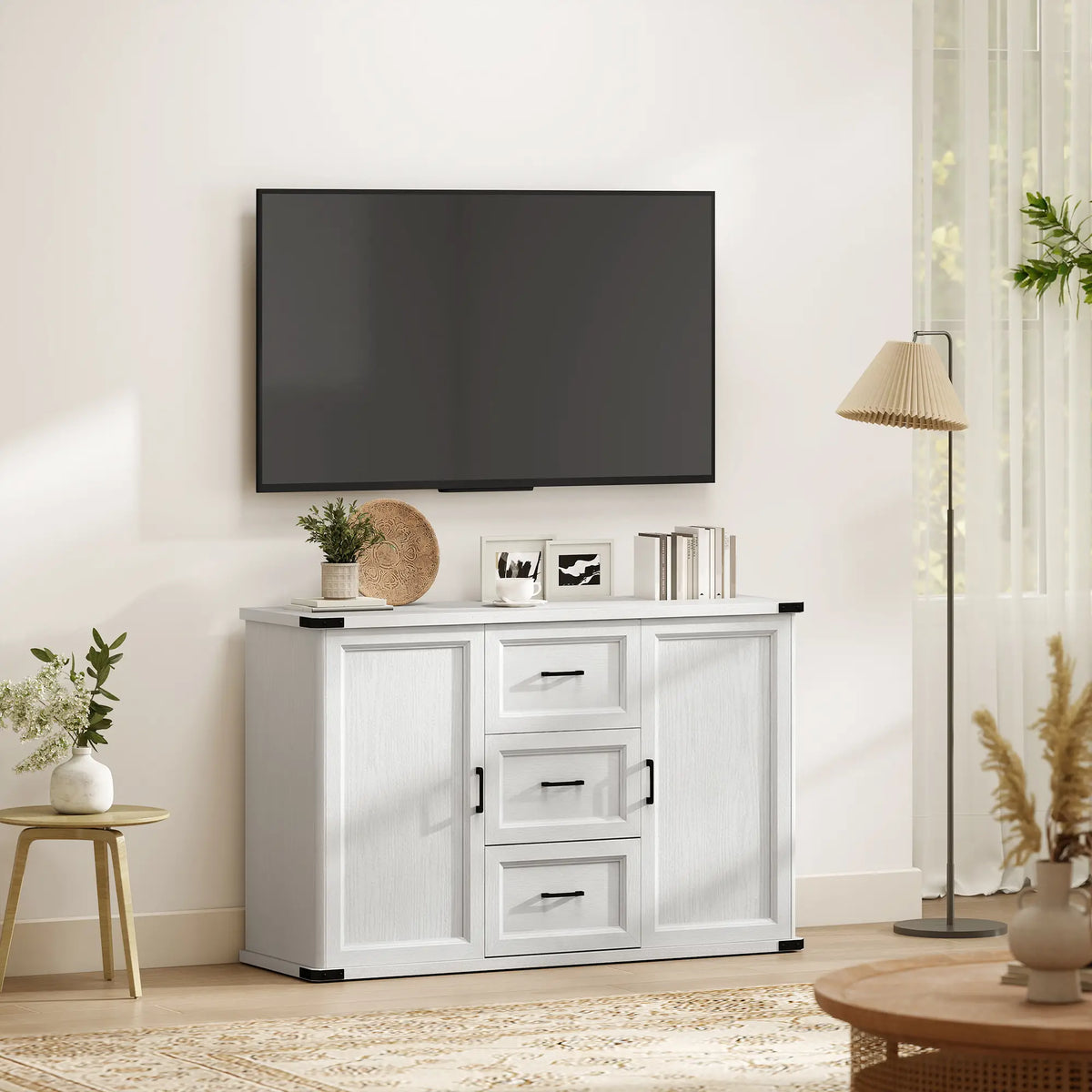 Sideboard With 3 Drawers, 2 Doors, 47" Buffet Cabinet, White Wood Grain, White Storage Cabinets at Gallery Canada