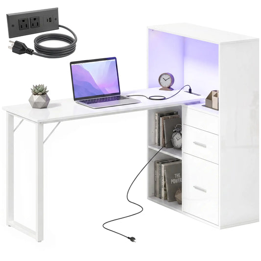 54" Computer Desk With Drawers, Power Outlets, LED Lights, White Computer Desks White at Gallery Canada