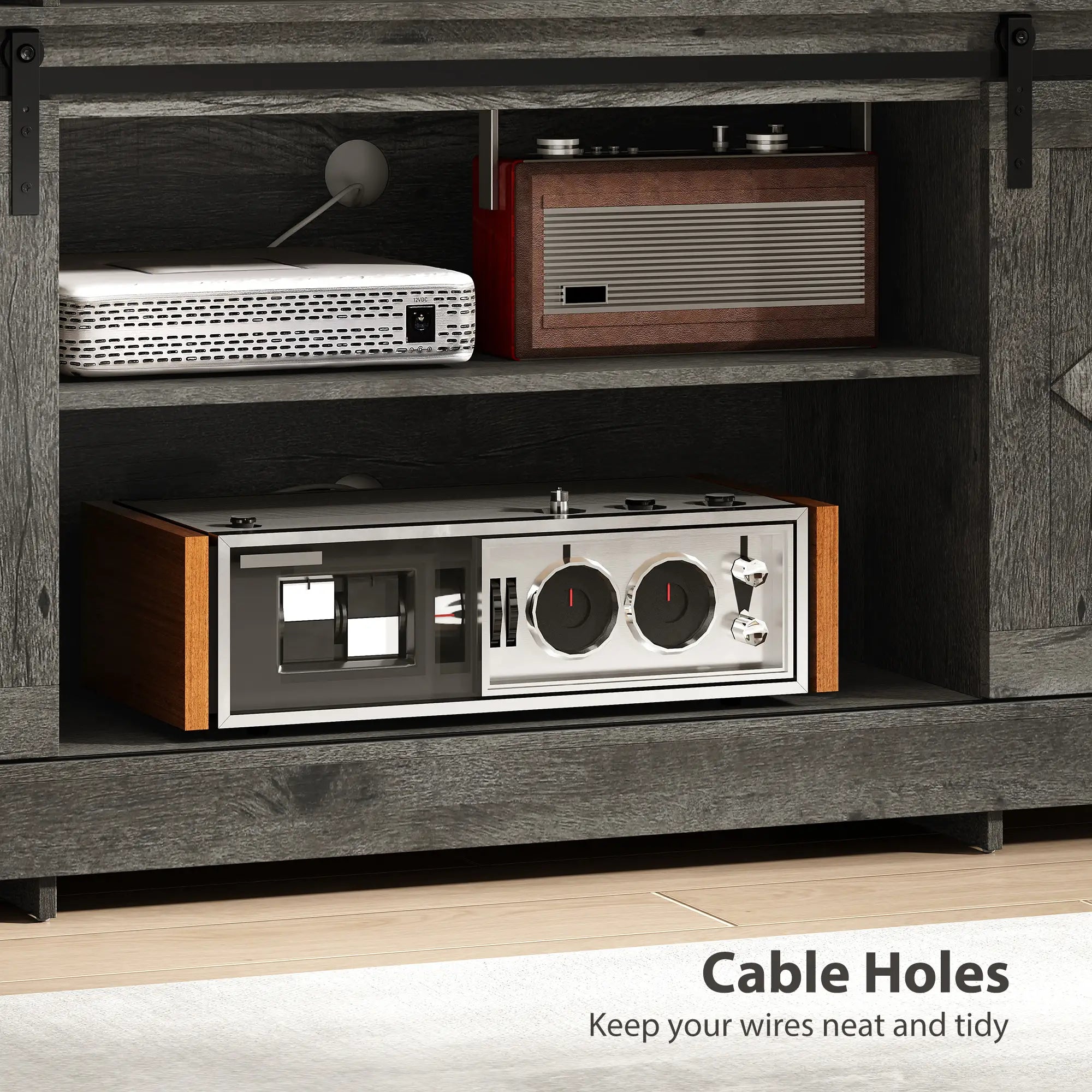 TV Stand For 72 Inch TVs, Power Outlets, Sliding Barn Doors, Dark Grey TV Stands at Gallery Canada
