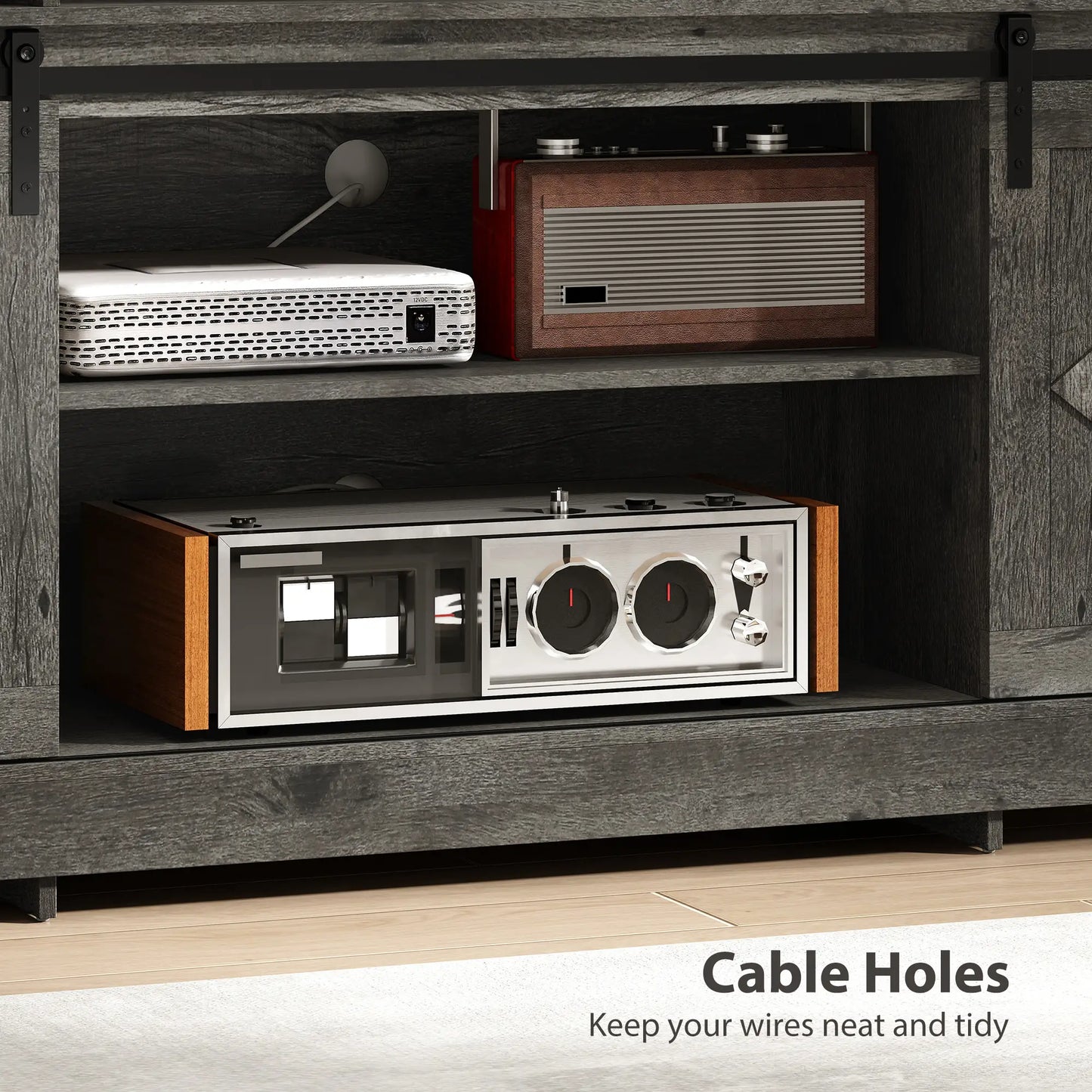TV Stand For 72 Inch TVs, Power Outlets, Sliding Barn Doors, Dark Grey TV Stands at Gallery Canada