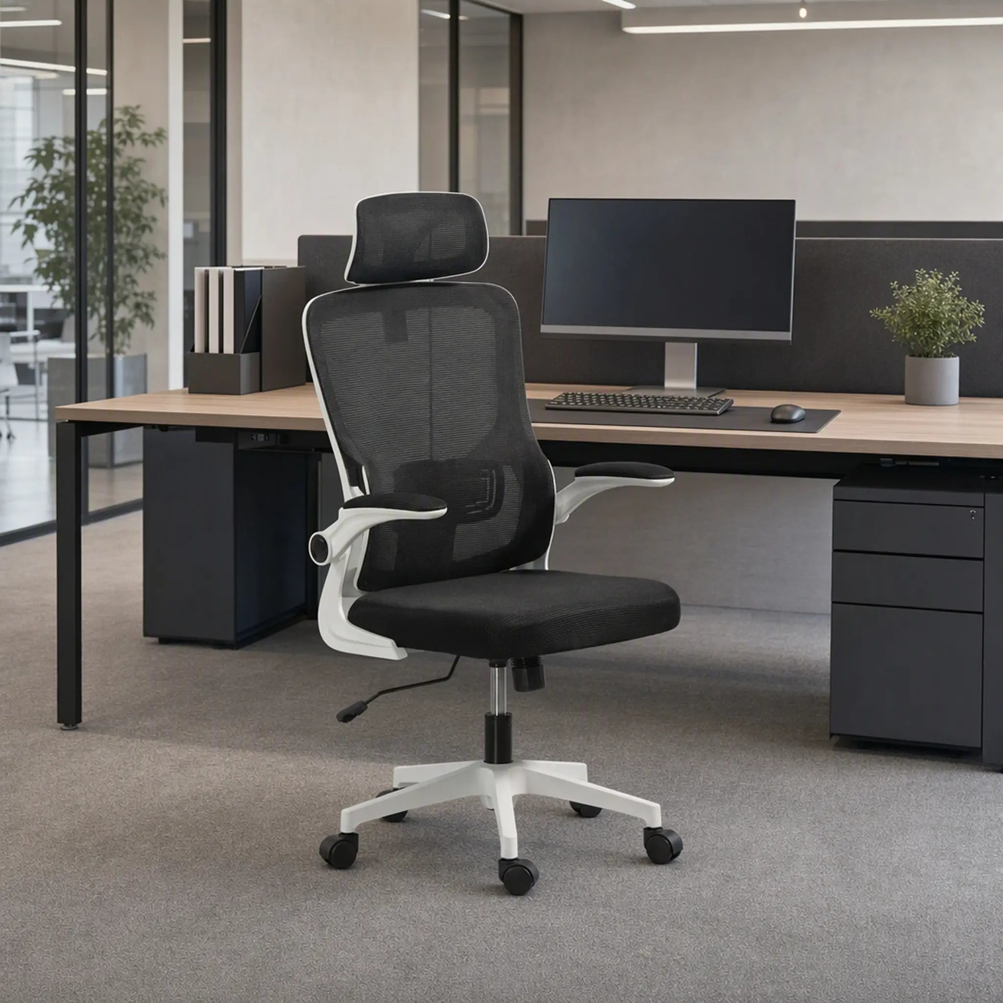 Mesh Office Chair, High Back with Headrest, Lumbar Support, Adjustable Height, Black Executive & Manager Chairs at Gallery Canada