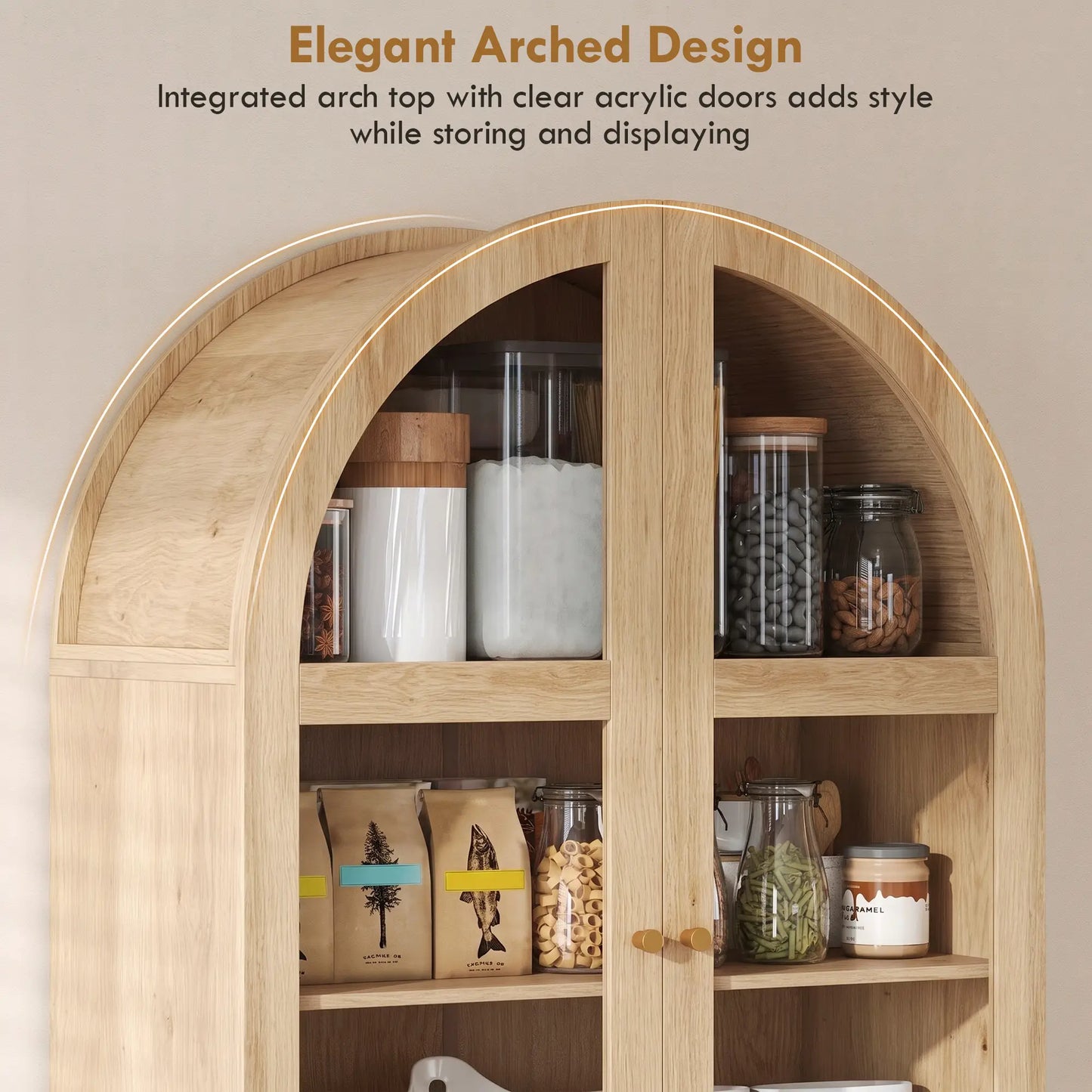 Arched Pantry Cabinet 71" Tall Oak, 2 Drawers, Oak Kitchen Pantry Cabinets at Gallery Canada