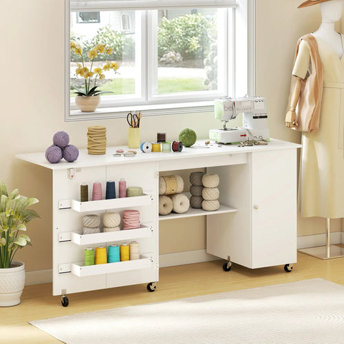 Sewing Machine Table, Drop Leaf, 2 Doors, Adjustable Shelf, White