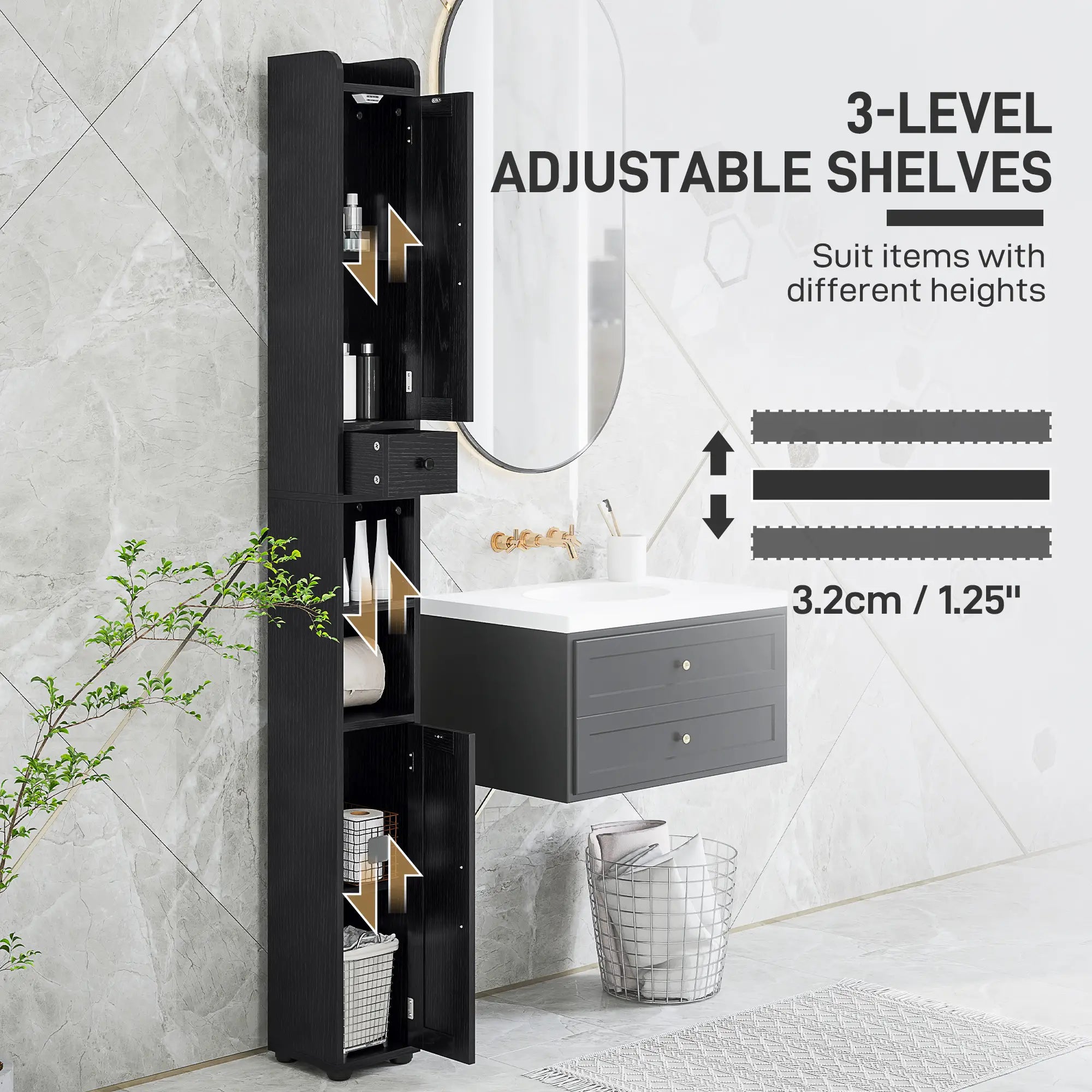 Narrow Bathroom Cabinet, Tall Storage with Barn Doors, Wood Grain, Black Bathroom Cabinets at Gallery Canada