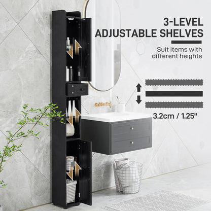Narrow Bathroom Cabinet, Tall Storage with Barn Doors, Wood Grain, Black Bathroom Cabinets at Gallery Canada