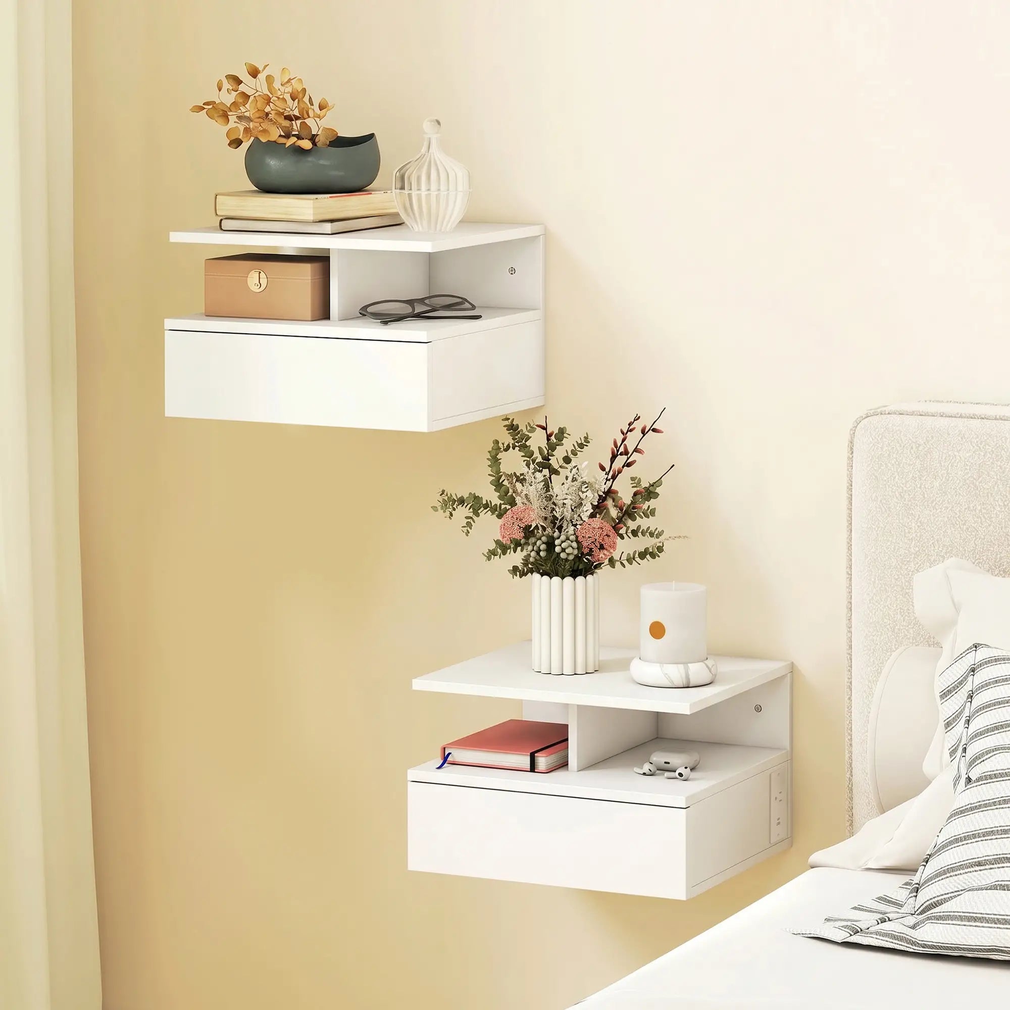 Floating Nightstand Set of 2, Wall Mounted Bedside Table with with Power Outlets, Drawer and Shelf, White Bedside Tables at Gallery Canada