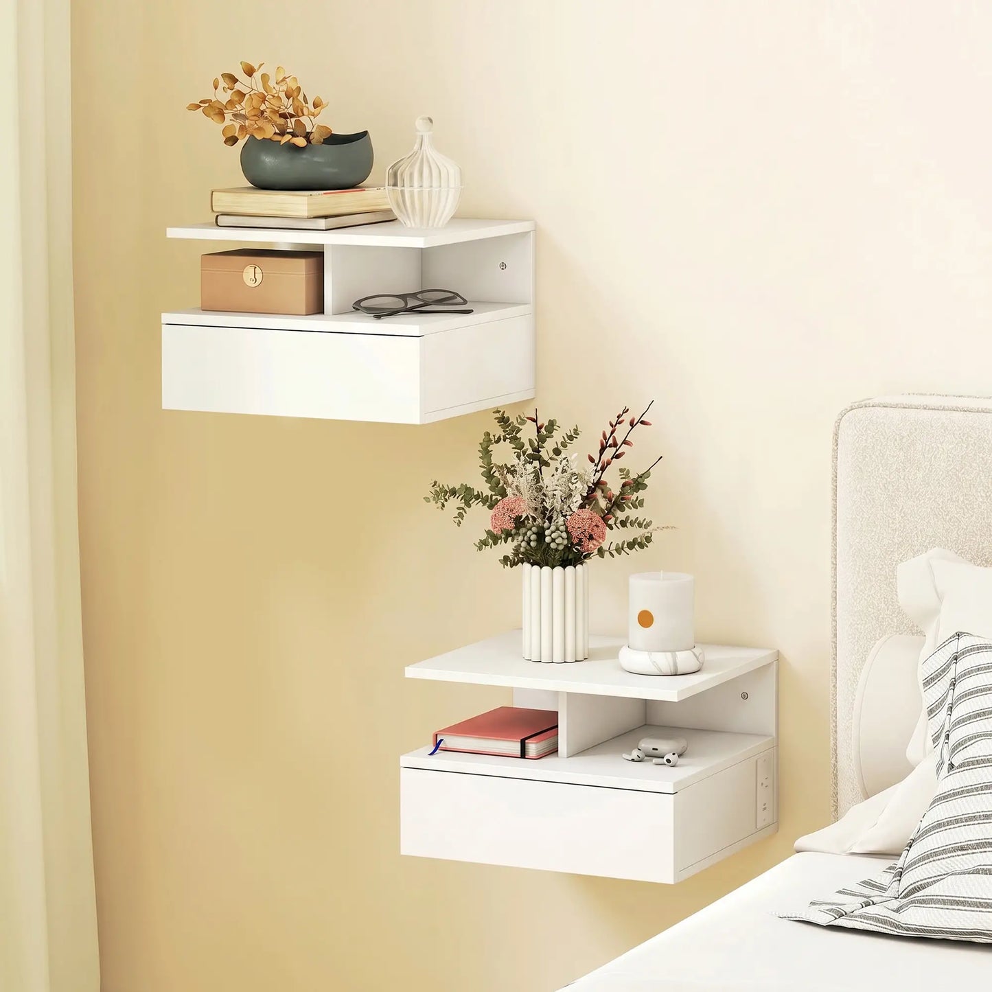 Floating Nightstand Set of 2, Wall Mounted Bedside Table with with Power Outlets, Drawer and Shelf, White Bedside Tables at Gallery Canada